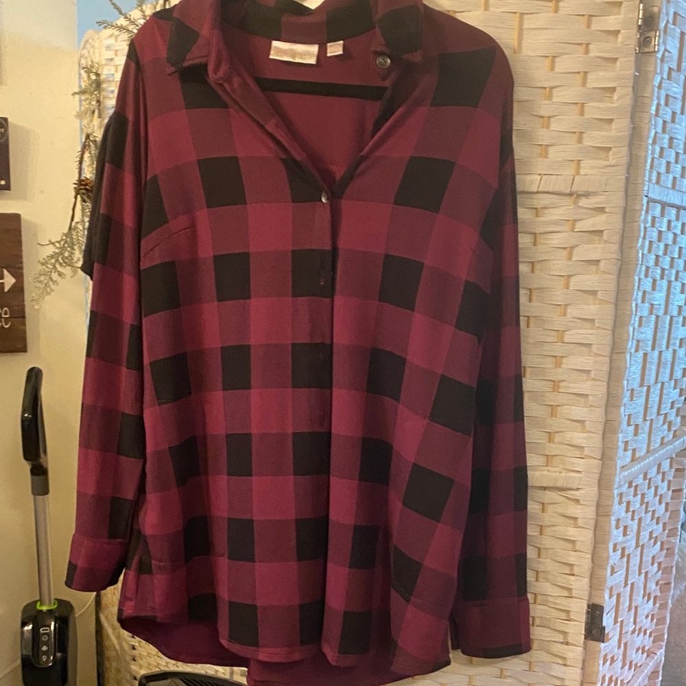 Belle by Kim Gravel Burgundy and Black Plaid Button-Down Shirt